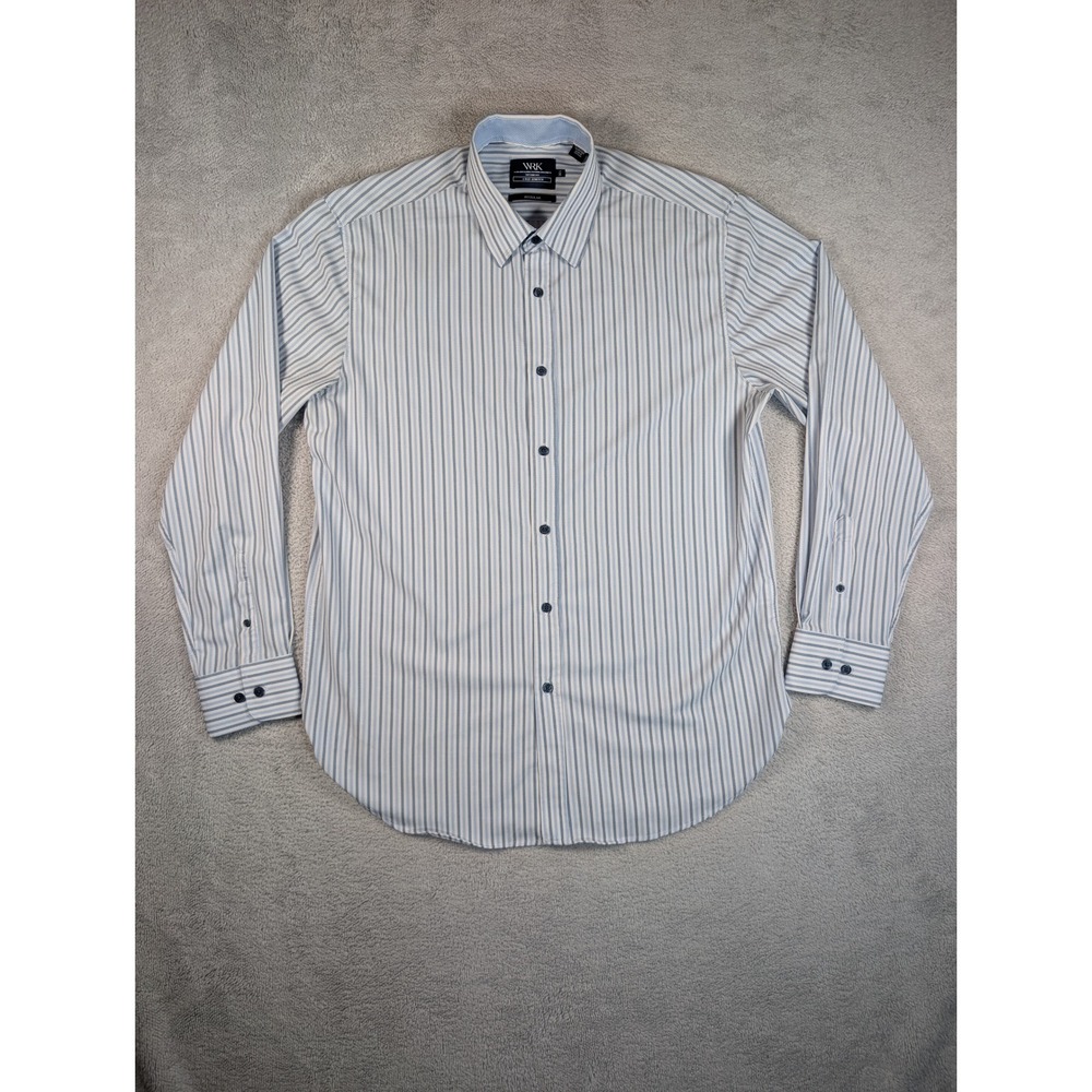 WRK Work Rest Karma Mens Regular Fit 4-Way Stretch Striped Dress Shirt Blue 16.5 - Picture 2 of 6